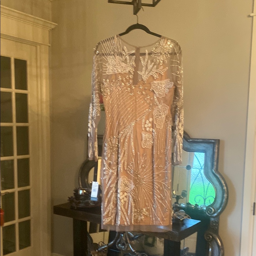 Adrianna Papell Tan and Gold Sheath Dress with Bishop Sleeves - Picture 2 of 5